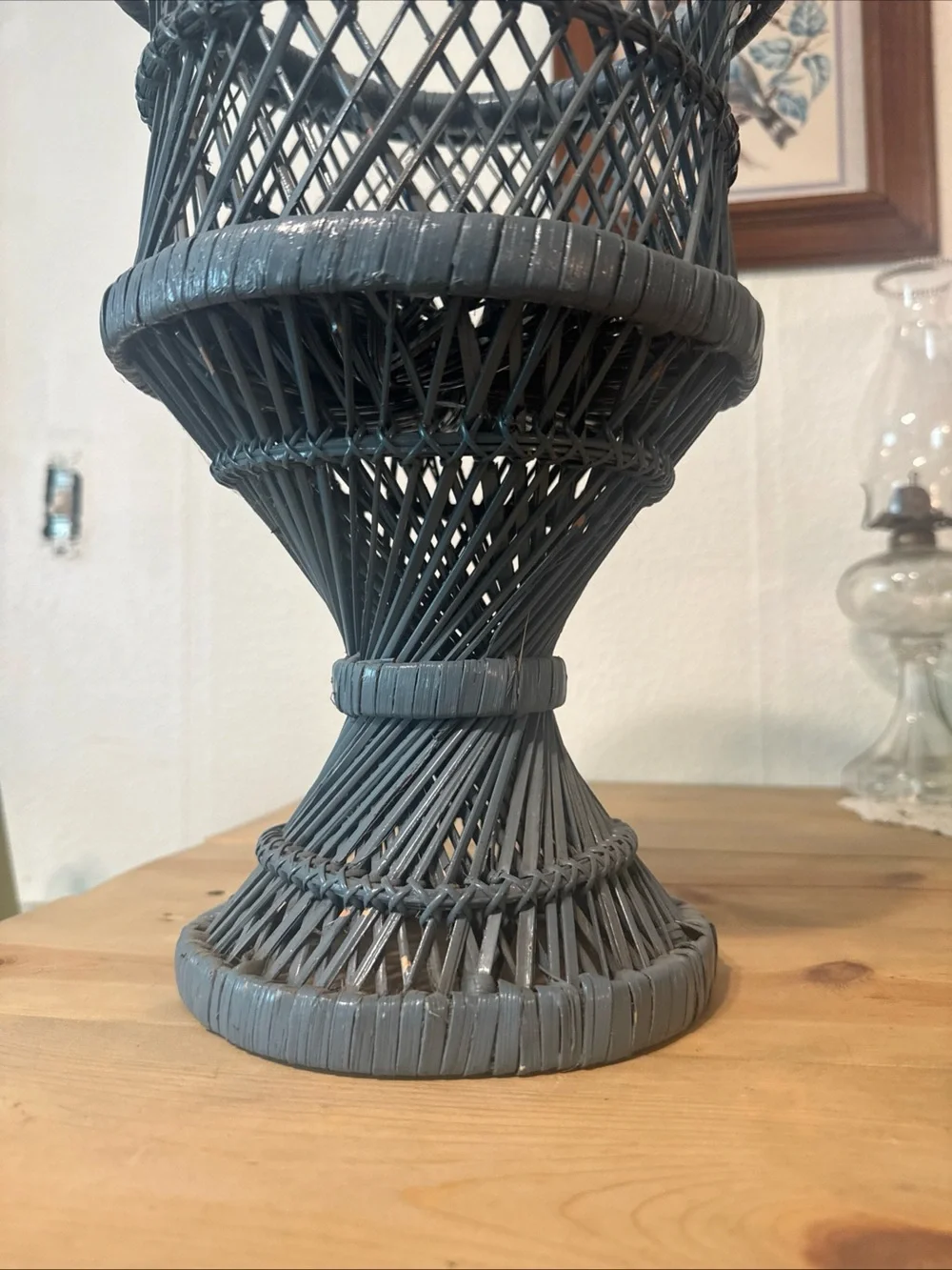 Vintage Mid Century Boho Chic Woven Peacock Wicker Rattan Plant Stand Pedestal